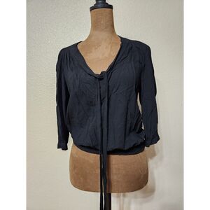 Zara Women’s Black 3/4 Sleeve Blouse with Tie Neck & Elastic Waist - Size S
